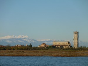 View of Torcello Island and the distant snow-covered mountains. Bellissima!