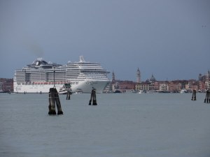 As we approached San Marco in a vaporetto, this cruise ship was making its way into the Bacino to go out to sea. 