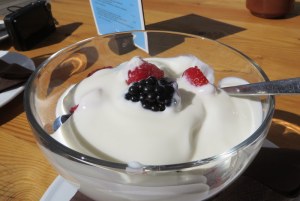 July 10: Today, yogurt with fresh berries replaces  strudel at 2153 meters above sea level. Berries tasted fresh-picked.