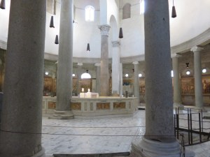 The sanctuary at Santo Stefano Rotondo. The ancient walls wtih frescoes surround the sanctuary.