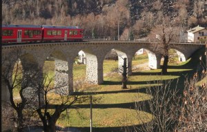 The Bernina Express on the famous Brusio spiral viaduct.