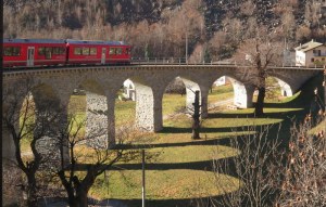 The Bernina Express on the famous Brusio spiral viaduct. 