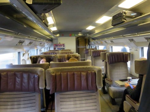 EuroStar interior, photo taken on our December 2015 trip. Spacious. The TGV and FrecciaRossa trains are excellent, too. We like the configuration with the table between us, like you see on the right. 