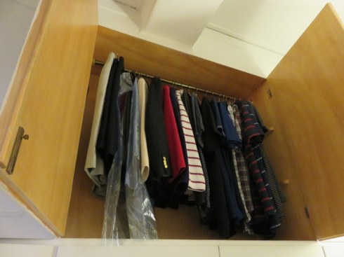 The only closets in our apartment are desigend for off-season storage, high overhead in the service hallway.