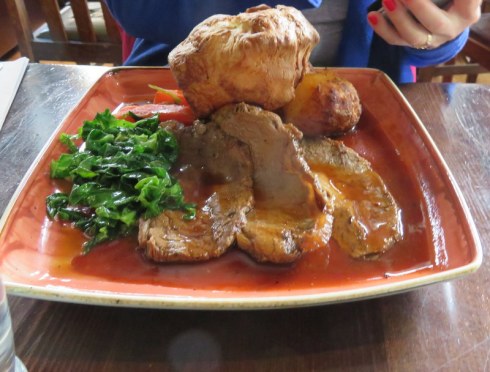 My Sunday roast for lunch. Note the enormous and perfect Yorkshire Pudding. 