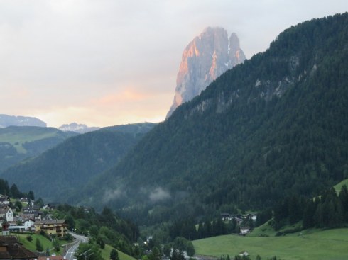 Sunrise on the iconic Sassolungo as seen from our terrace.