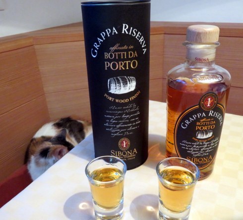 Sibona Grappa di Porto. Golden and delicious, just the right ending to a meal. It is a digestivo, after all. (That's Libby in the corner of the banquette.)