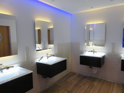 Lovely sinks, automatic faucet and soap dispenser, plus a built in hand dryer!