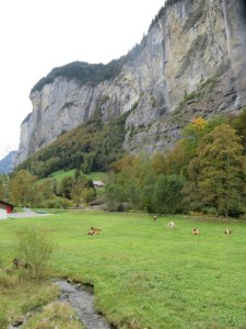 This is the view from our apartment in the valley. Cows in the meadow, and a magnificent waterfall.