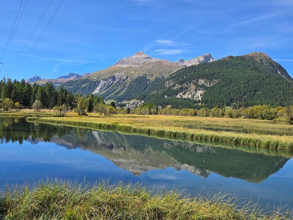 A scenic landscape featuring a calm lake reflecting mountains and trees under a blue sky.